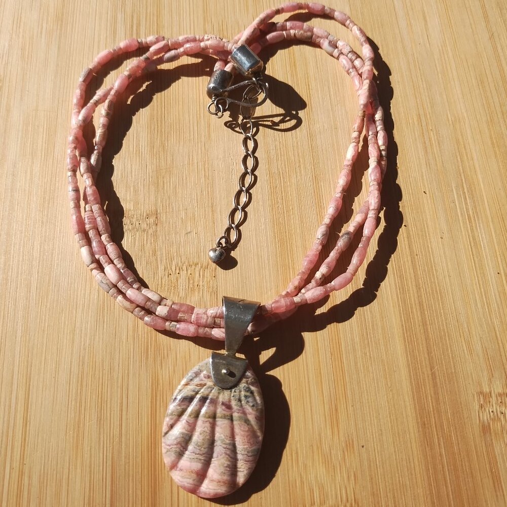 Jay King DTR mine finds Rhodochrosite 3 strand necklace carved Pendant 925 Sterl